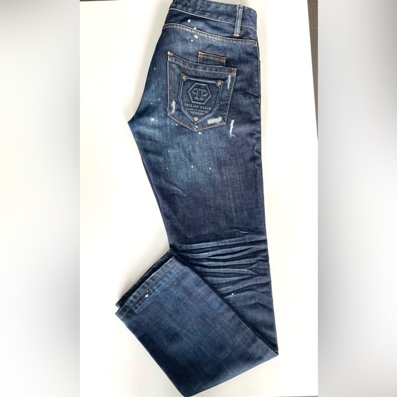 PHILIPP PLEIN- Straight Cut Jeans, Dark Blue, Distressed - Picture 3 of 5